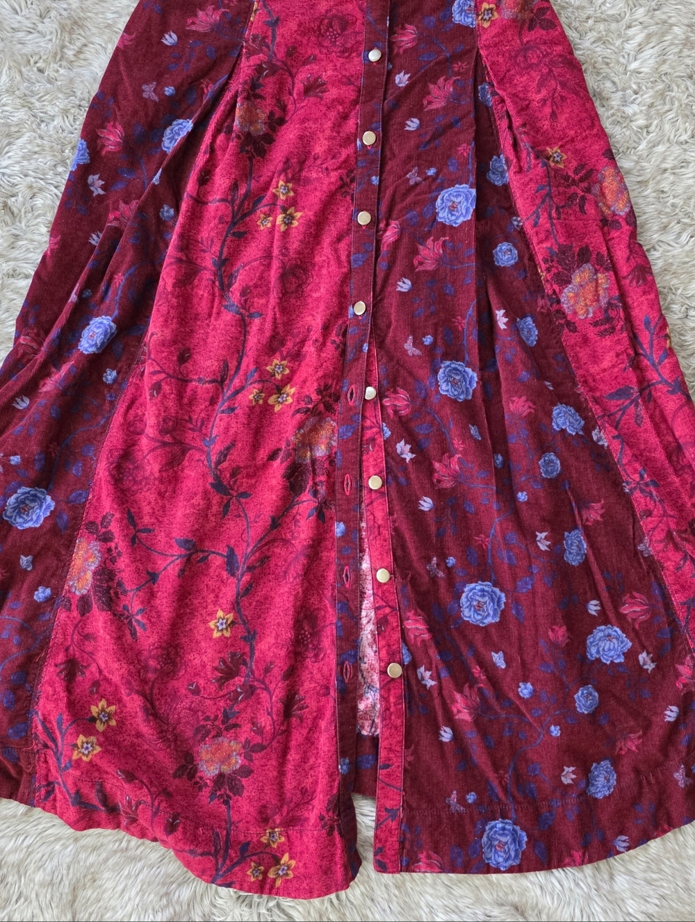 Free People Gail Midi‎ Dress Scarlet Combo Colorblocked Floral Corduroy - Picture 4 of 16